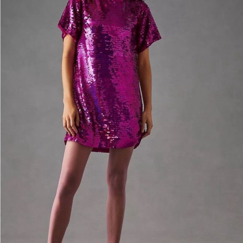 Anthropologie Magenta Sequin Short Sleeve Shift Dress